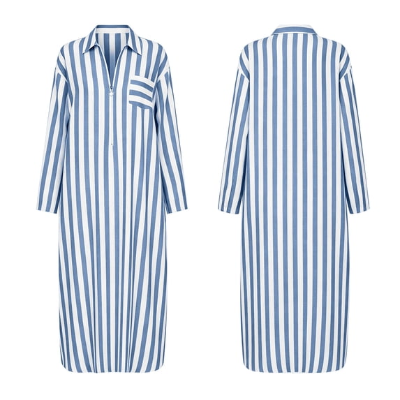 Guieoi Plus Size Striped Button-Down Shirt Loose 3/4-Sleeve Collared Maxi Dress Casual Beach Cover-Up Dresses with Pockets Blue XL