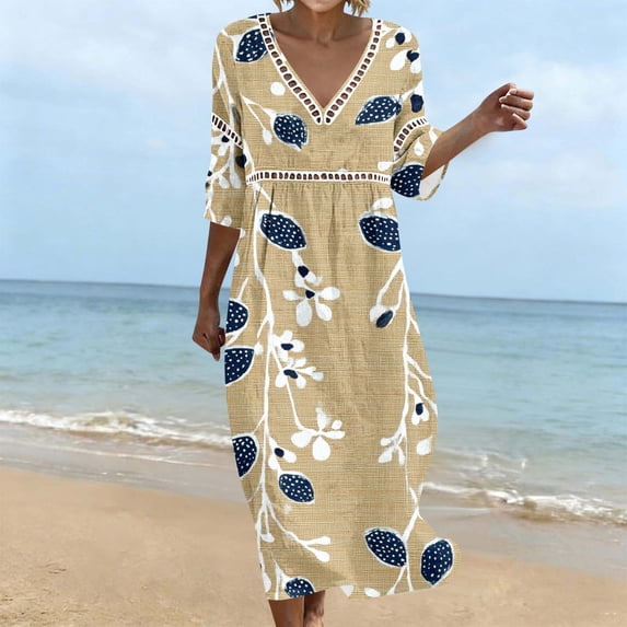 Guieoi Plus Size Summer Mesh Cutouts Lace Panels Floral Printed 3/4 Sleeve V-Neck Light and Flowing Dress for Women Brown L