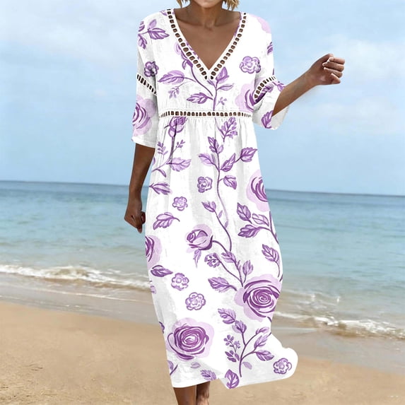 Guieoi Plus Size Summer Mesh Cutouts Lace Panels Floral Printed 3/4 Sleeve V-Neck Light and Flowing Dress for Women Purple XL