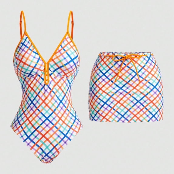 Guieoi Plus Size Swimwear Women's Fashion One-Piece Plaid Swimsuit - Form-Fitting, Slimming Two-Piece Set,One-Piece Swimsuit with Cover-Up Skirt Orange M