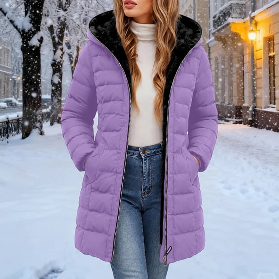 Guieoi Plus Size Winter Jacket for Women Mid-Length Long-Sleeve Hooded Fleece-Lined Padded with Zipper Coats Purple XXXL