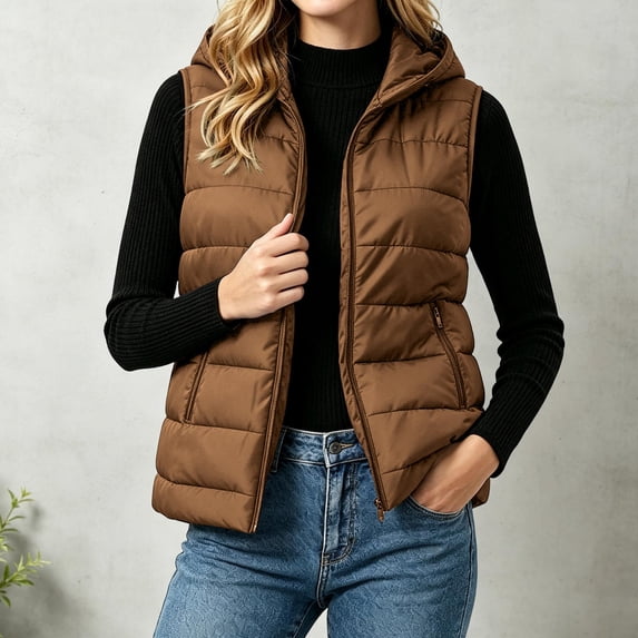 Guieoi Plus Size Winter Jacket for Women Striped Checkered Hooded Vest with Zipper Lining and Pockets Coats Brown XXXL