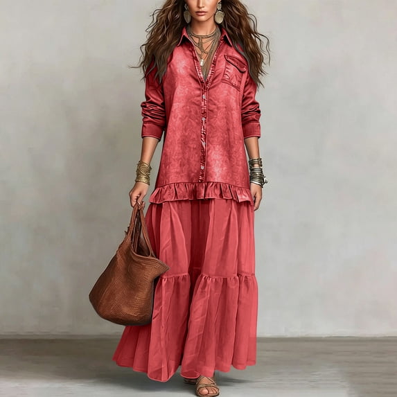 Guieoi Plus Size Womens Dresses Denim-Print Collared Long-Sleeve Top Maxi Dress Red XL