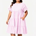 thumbnail image 1 of Guieoi Plus-Size Womens Dresses Plus Size Summer Checkered Pleated Short-Sleeve Round-Neck Casual A-Line Dress with Pockets Pink XXXXL, 1 of 9