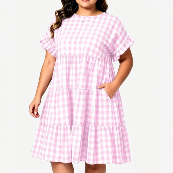 Guieoi Plus-Size Womens Dresses Plus Size Summer Checkered Pleated Short-Sleeve Round-Neck Casual A-Line Dress with Pockets Pink XXXXL
