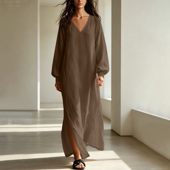 Guieoi Shift Dresses for Women 2026 Fall Long-Sleeve V-neck Cotton-Linen Split-Hem Dress Brown M