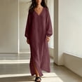 thumbnail image 1 of Guieoi Shift Dresses for Women 2026 Fall Long-Sleeve V-neck Cotton-Linen Split-Hem Dress Red L, 1 of 7