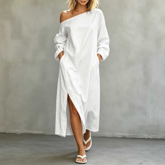 Guieoi Shift Dresses for Women 2026 Fall Off-Shoulder Long-Sleeve Slit Dress with Pockets Loose-Fit Maxi Casual Dress White L
