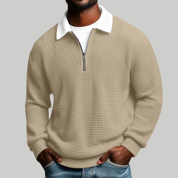 Guieoi Shirts for Men Casual Fashion Long-Sleeve Top Solid Color Waffle Collared Shirt Beige L