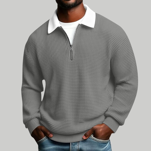 Guieoi Shirts for Men Casual Fashion Long-Sleeve Top Solid Color Waffle Collared Shirt Gray L