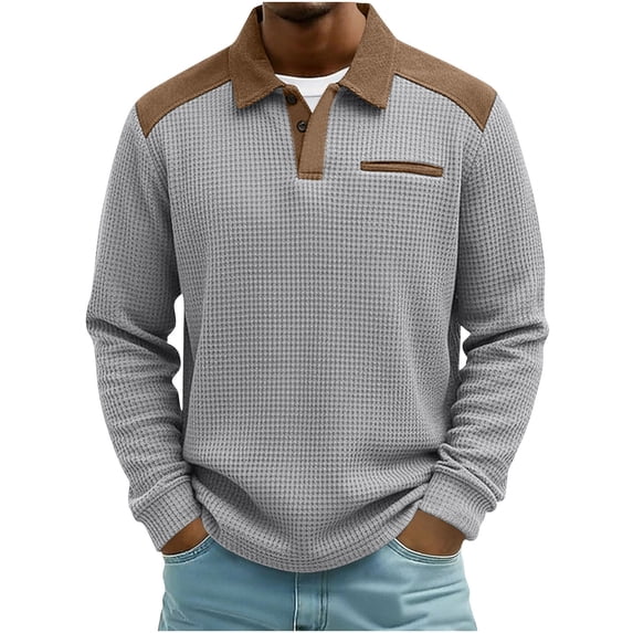 Guieoi Shirts for Men Casual Fashion Long-Sleeve Top Waffle + Corduroy Patchwork Collared Shirt Gray XL