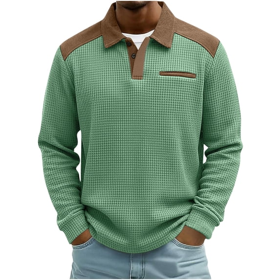 Guieoi Shirts for Men Casual Fashion Long-Sleeve Top Waffle + Corduroy Patchwork Collared Shirt Green XL