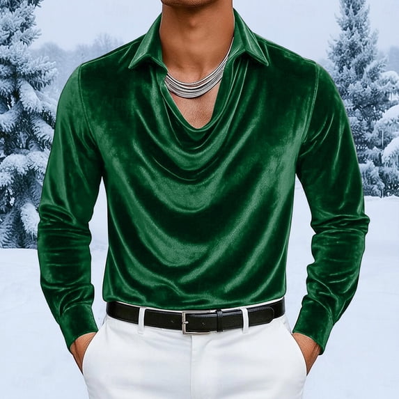 Guieoi Shirts for Men Vintage Solid Color Long Sleeve Pleated Collar Top Casual Velvet Men's Shirt Green XL