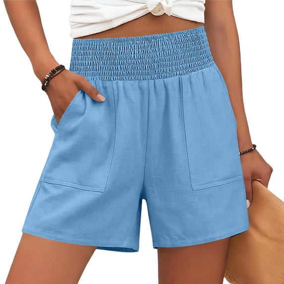 Guieoi Shorts for Women Plus Size Casual Retro Pants, Solid Color Shorts with Pockets Blue 0 L