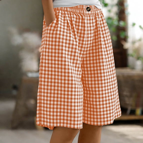 Guieoi Shorts for Women Plus Size Checkered 5-Inch Shorts,Cotton-Linen Blend Casual Shorts Orange 0 M