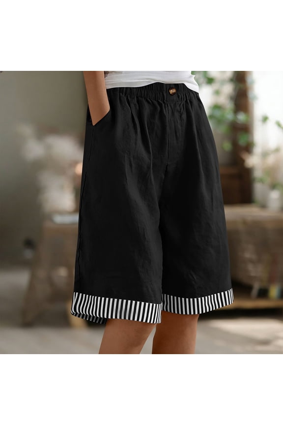 Shorts for Women Plus Size Cotton-Linen Striped Patchwork Cropped Shorts - Casual Shorts Black 0 XXL