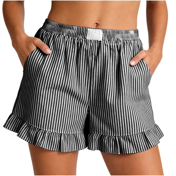 Guieoi Shorts for Women Plus Size Fashionable Summer Striped Cotton-Linen Beach Shorts with Lace Hem and Pockets Black 0 XL