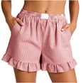 thumbnail image 1 of Guieoi Shorts for Women Plus Size Fashionable Summer Striped Cotton-Linen Beach Shorts with Lace Hem and Pockets Red 0 M, 1 of 7