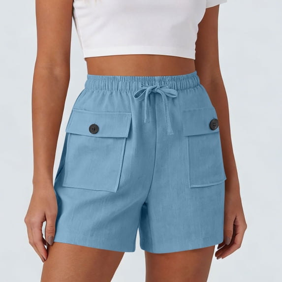 Guieoi Shorts for Women Plus Size Solid-Color Drawstring Pleated Button-Front Cotton-Linen Pocket Casual Capri Pants Light Blue 0 XL