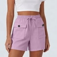 thumbnail image 1 of Guieoi Shorts for Women Plus Size Solid-Color Drawstring Pleated Button-Front Cotton-Linen Pocket Casual Capri Pants Purple 0 XL, 1 of 6