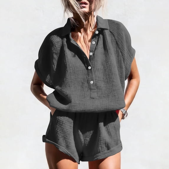 Guieoi Shorts for Women Plus Size Solid-Color Half-Button-Down Short-Sleeve Shirt Top with Pockets and Shorts Set,Loungewear Set Gray 0 L