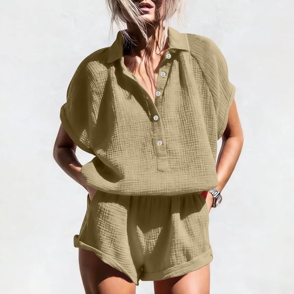 Guieoi Shorts for Women Plus Size Solid-Color Half-Button-Down Short-Sleeve Shirt Top with Pockets and Shorts Set,Loungewear Set Khaki 0 XL