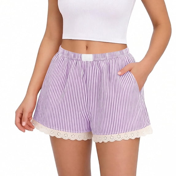 Guieoi Shorts for Women Plus Size Striped Lace-Panel Elastic-Waist Shorts,Loungewear, Pajama Shorts Purple 0 XL