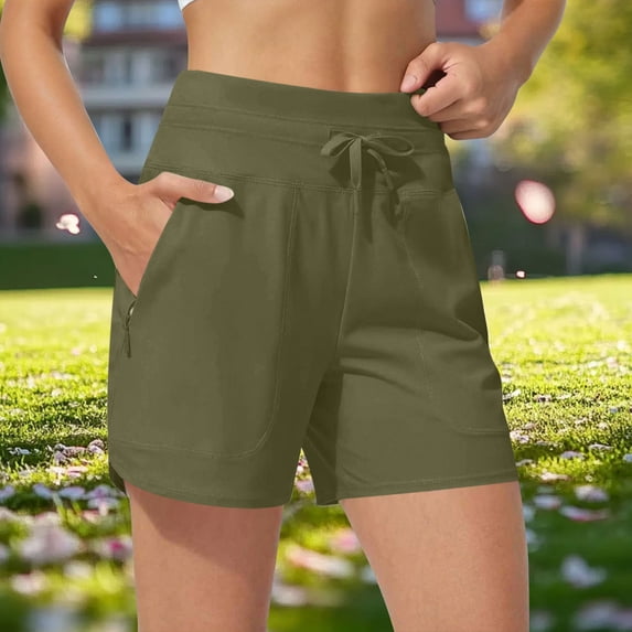 Guieoi Shorts for Women Plus Size Summer Running Shorts with Pockets, Side Zippers, and Elastic Waistband Army Green 0 XS