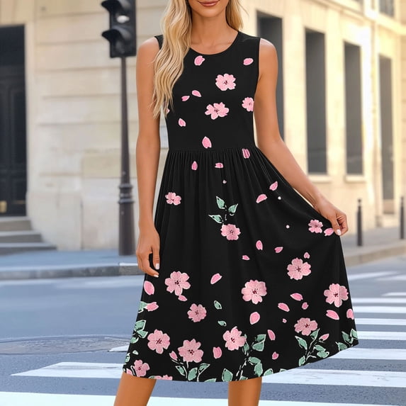 Guieoi Summer Boho Dresses for Women Plus Size for Beach Vacation Flowy Casual Floral Print Sleeveless Round-Neck Midi Dress with Pockets Pink S