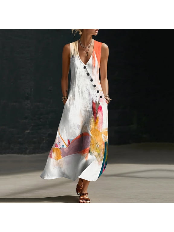Summer Dresses for Women under $10 Plus Size Summer Stylish Printed Casual Dress Sleeveless V-Neck Dress Spaghetti-Strap V-Neck Dress Multicolor XXXL