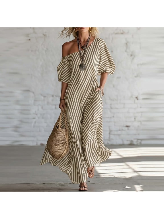 Summer Dresses for Women 2026 Asymmetrical Off-Shoulder Puff-Sleeve Striped Loose-Fit Maxi Dress, Short-Sleeve Off-Shoulder Dress Brown S