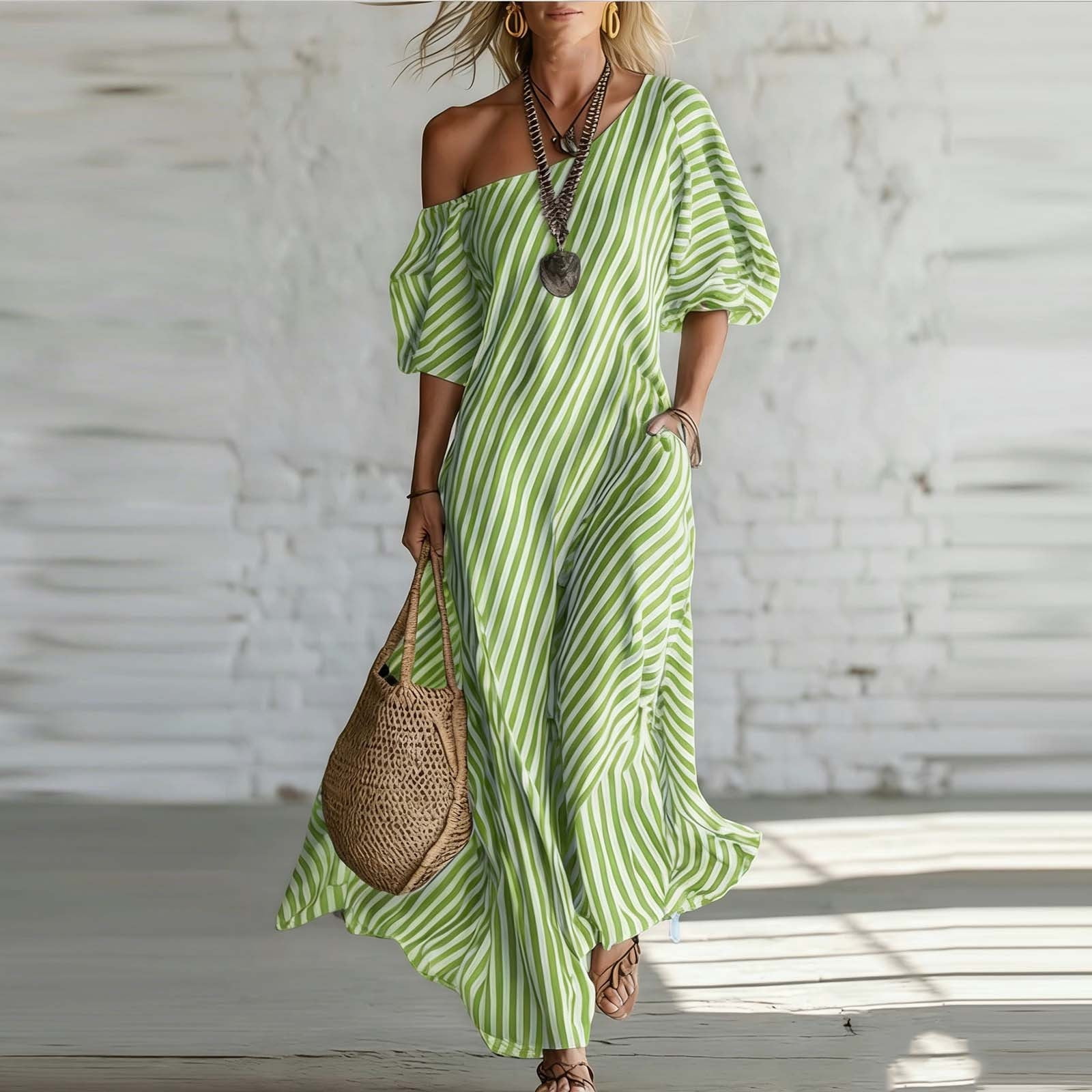 striped dress off shoulder Rachel Off-Shoulder Smocked Stripe Dress Blue Stripe / S