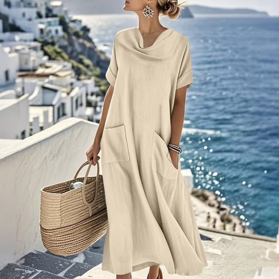 Guieoi Summer Dresses for Women 2026 Solid-Color Short-Sleeve Pleated Midi-Length Loose-Fit Pocket Cotton-Linen Blend Dress Beige XL