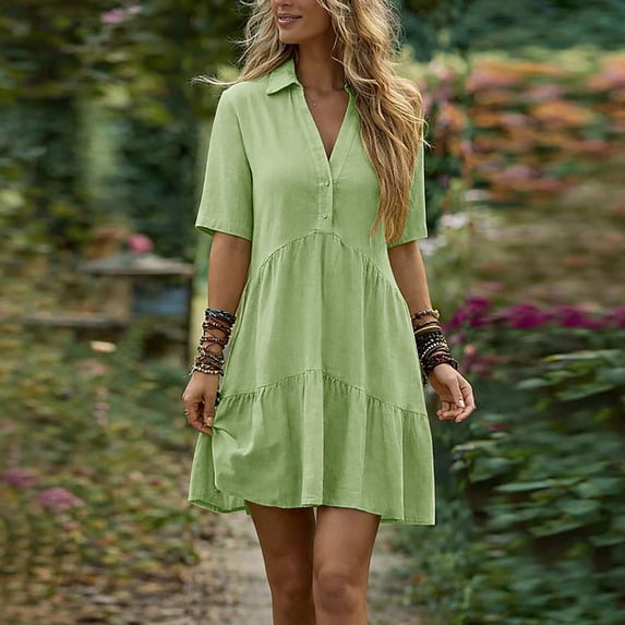 Guieoi Summer Dresses for Women Cotton-Linen Collared Short-Sleeve Cropped Button-Down Dress Green L