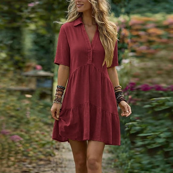 Guieoi Summer Dresses for Women Cotton-Linen Collared Short-Sleeve Cropped Button-Down Dress Red XXXL