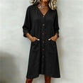 thumbnail image 1 of Guieoi Summer Dresses for Women Midi Casual Solid-Color Cotton-Linen Blend V-Neck 3/4-Sleeve Button-Pocket Dress Black M, 1 of 7