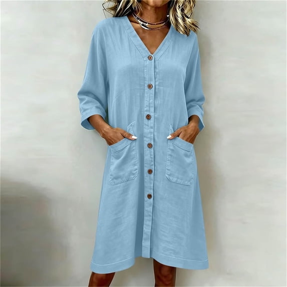 Guieoi Summer Dresses for Women Midi Casual Solid-Color Cotton-Linen Blend V-Neck 3/4-Sleeve Button-Pocket Dress Blue L