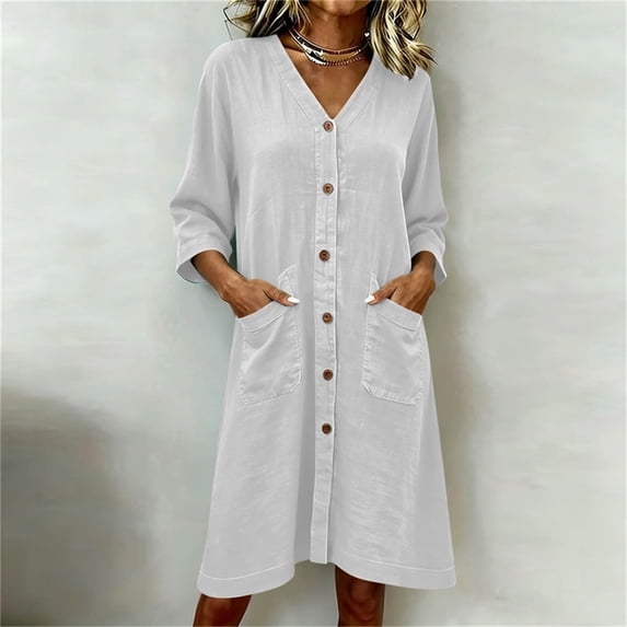 Guieoi Summer Dresses for Women Midi Casual Solid-Color Cotton-Linen Blend V-Neck 3/4-Sleeve Button-Pocket Dress White XL