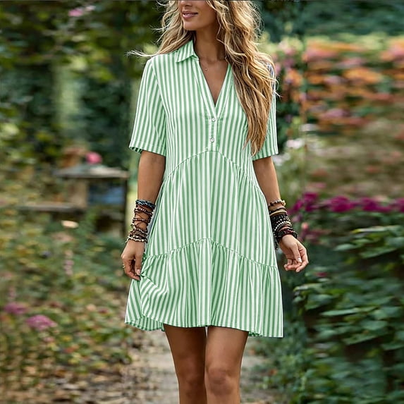Guieoi Summer Dresses for Women Plus Size Casual Striped Cotton-Linen Collared Short-Sleeve Button-Down Midi Dress Green XL