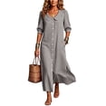 thumbnail image 1 of Guieoi Summer Dresses for Women Plus Size Collared Mid-Sleeve Side-Slit Striped Dress with Pockets Black M, 1 of 6