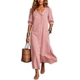 thumbnail image 1 of Guieoi Summer Dresses for Women Plus Size Collared Mid-Sleeve Side-Slit Striped Dress with Pockets Pink XL, 1 of 6