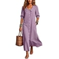 thumbnail image 1 of Guieoi Summer Dresses for Women Plus Size Collared Mid-Sleeve Side-Slit Striped Dress with Pockets Purple S, 1 of 6