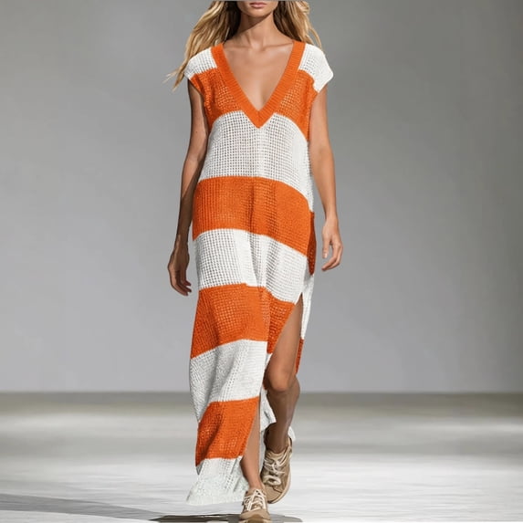 Guieoi Summer Dresses for Women Plus Size Striped Tunic-Style V-Neck Short-Sleeve Loose-Fit Dress Orange M