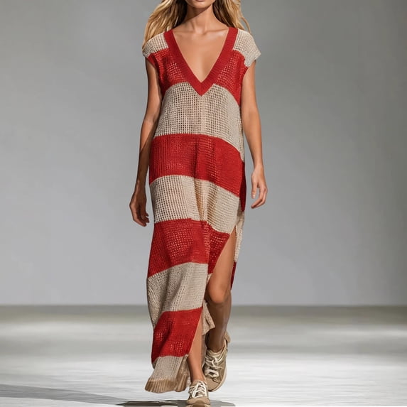 Guieoi Summer Dresses for Women Plus Size Striped Tunic-Style V-Neck Short-Sleeve Loose-Fit Dress Red S