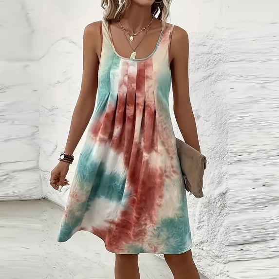 Guieoi Summer Dresses for Women Plus Size for Beach Vacation Sleeveless Square-Neck Tie-Dye Pleated Flowy Casual A-Line Midi Dress Brown XL