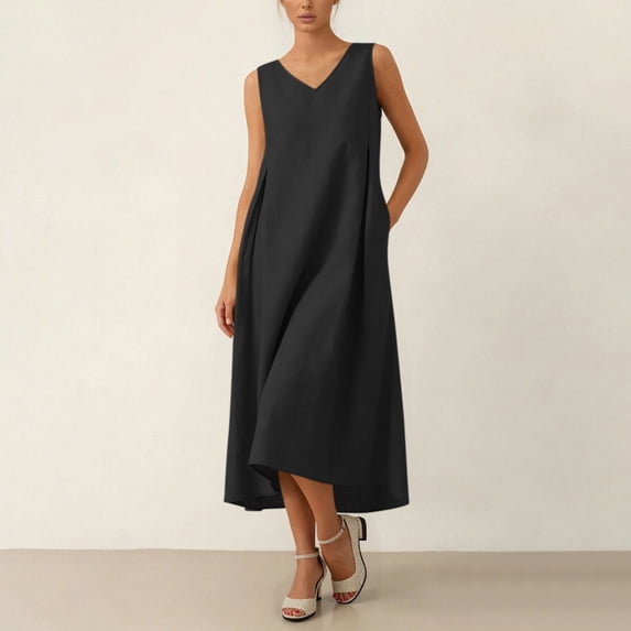 Guieoi Summer Dresses for Women Plus Size for Beach Vacation Sleeveless V-Neck Pleated Pocket Midi Dress Black XXL