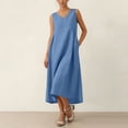 thumbnail image 1 of Guieoi Summer Dresses for Women Plus Size for Beach Vacation Sleeveless V-Neck Pleated Pocket Midi Dress Blue L, 1 of 6