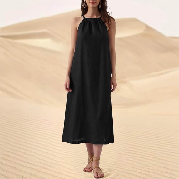 Guieoi Summer Dresses for Women Plus Size for Beach Vacation Spring/Summer Solid-Color Halter-Neck Sleeveless Cotton-Linen Midi Dress Black M