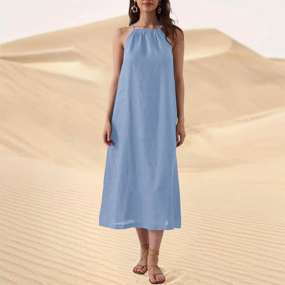 Guieoi Summer Dresses for Women Plus Size for Beach Vacation Spring/Summer Solid-Color Halter-Neck Sleeveless Cotton-Linen Midi Dress Light Blue XL