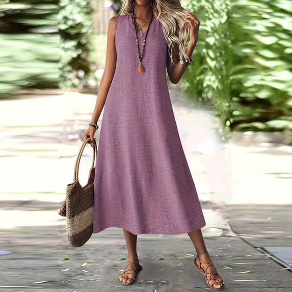 Guieoi Summer Dresses for Women Plus Size for Beach Vacation V-Neck Solid Color Midi Dress Purple L